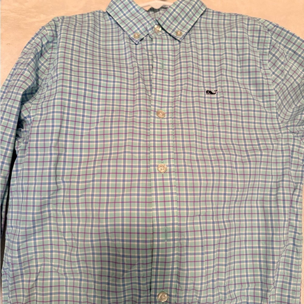 Button-Down Plaid  youth Shirt - Light Blue & Purple